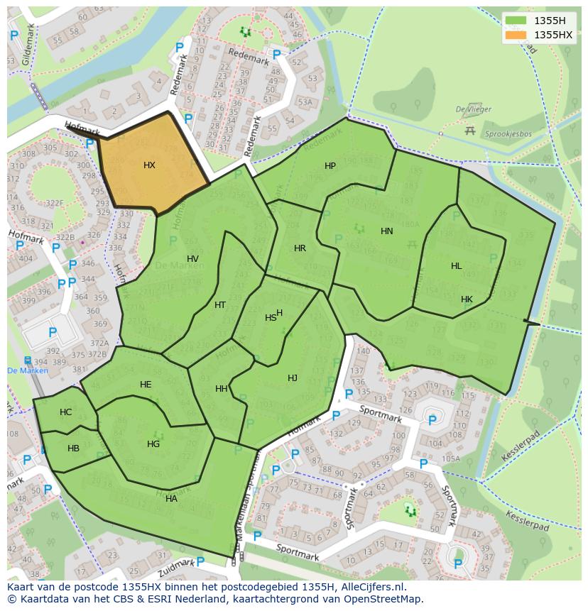 Afbeelding van het postcodegebied 1355 HX op de kaart.