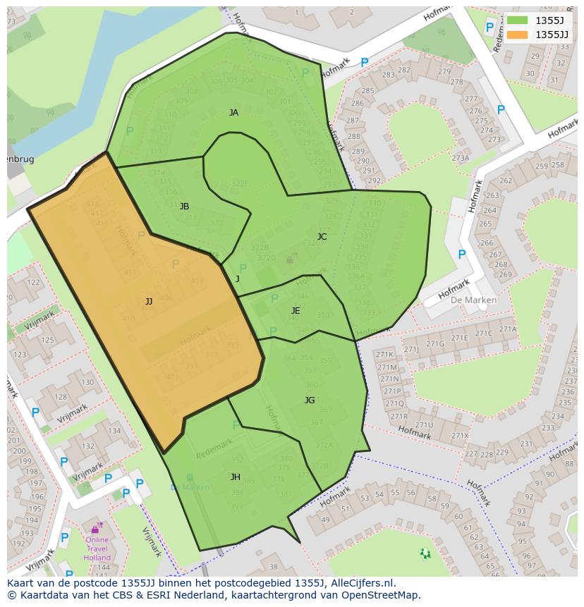 Afbeelding van het postcodegebied 1355 JJ op de kaart.