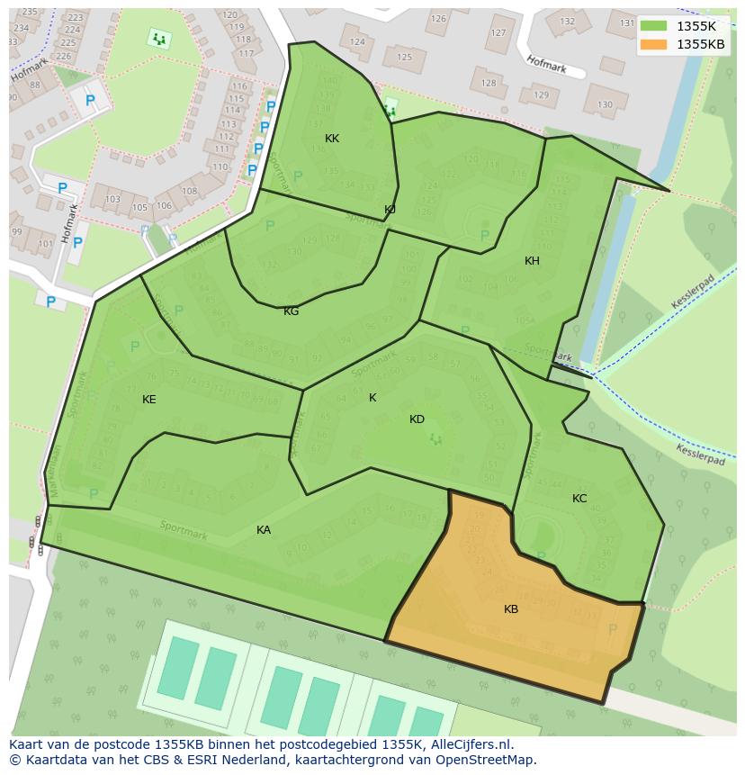 Afbeelding van het postcodegebied 1355 KB op de kaart.