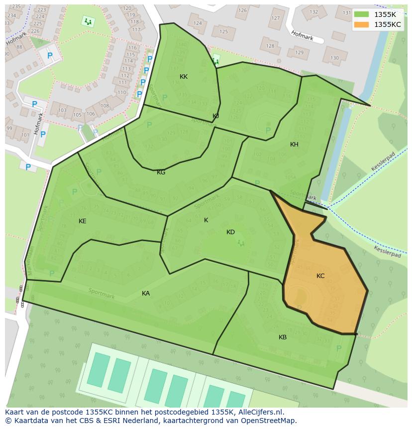 Afbeelding van het postcodegebied 1355 KC op de kaart.