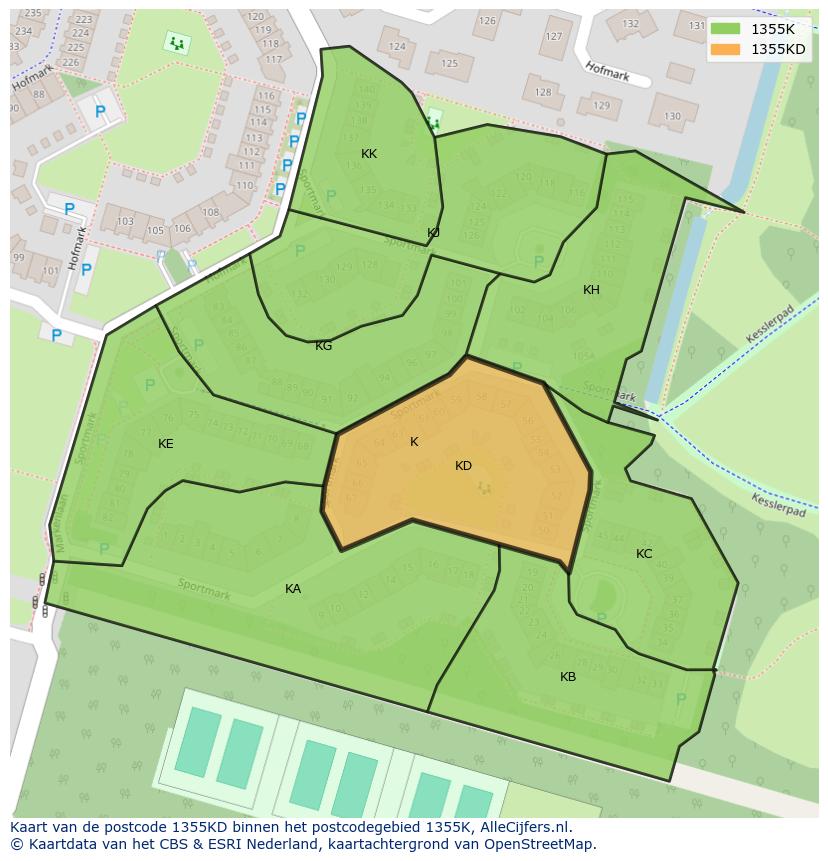 Afbeelding van het postcodegebied 1355 KD op de kaart.