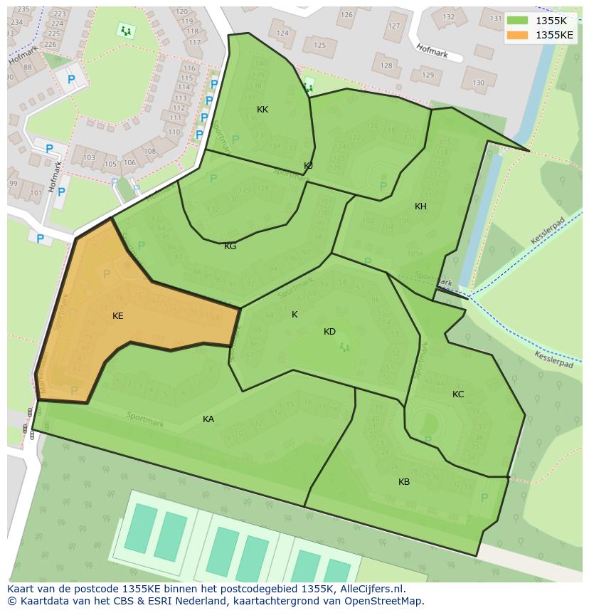 Afbeelding van het postcodegebied 1355 KE op de kaart.