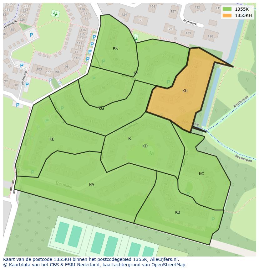 Afbeelding van het postcodegebied 1355 KH op de kaart.