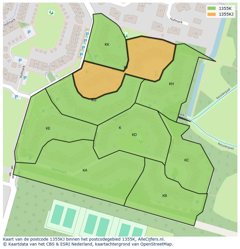 Afbeelding van het postcodegebied 1355 KJ op de kaart.