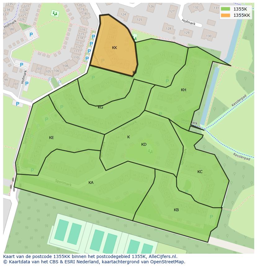 Afbeelding van het postcodegebied 1355 KK op de kaart.