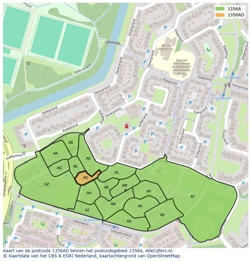 Afbeelding van het postcodegebied 1356 AD op de kaart.