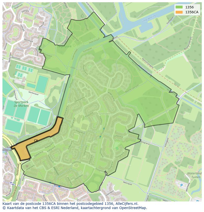 Afbeelding van het postcodegebied 1356 CA op de kaart.