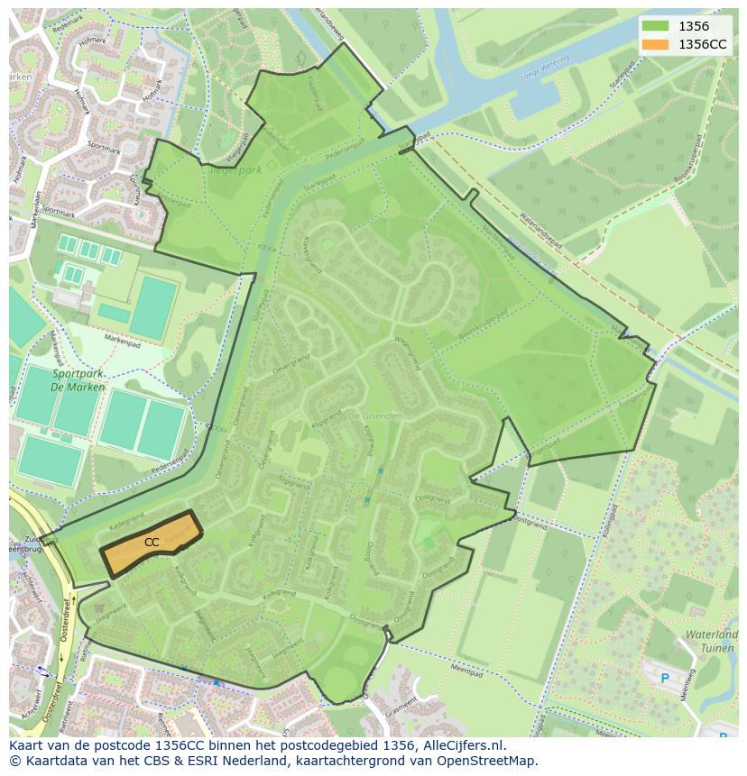 Afbeelding van het postcodegebied 1356 CC op de kaart.