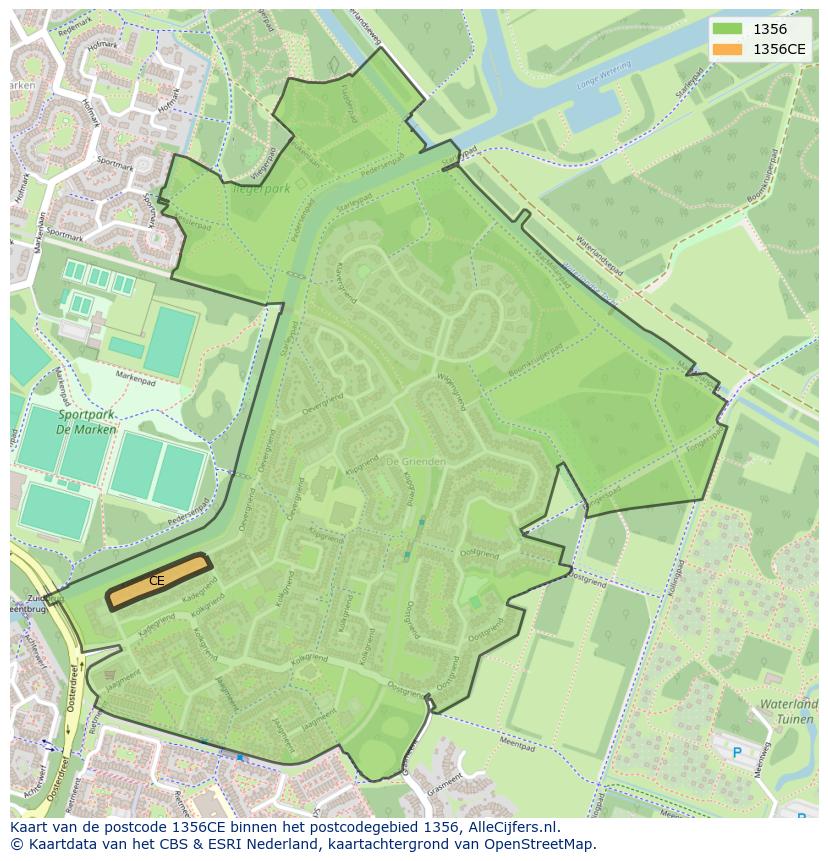 Afbeelding van het postcodegebied 1356 CE op de kaart.