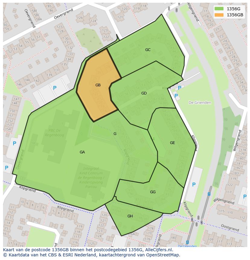Afbeelding van het postcodegebied 1356 GB op de kaart.