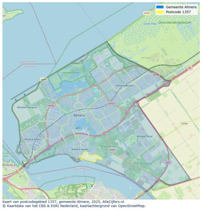 Afbeelding van het postcodegebied 1357 op de kaart.