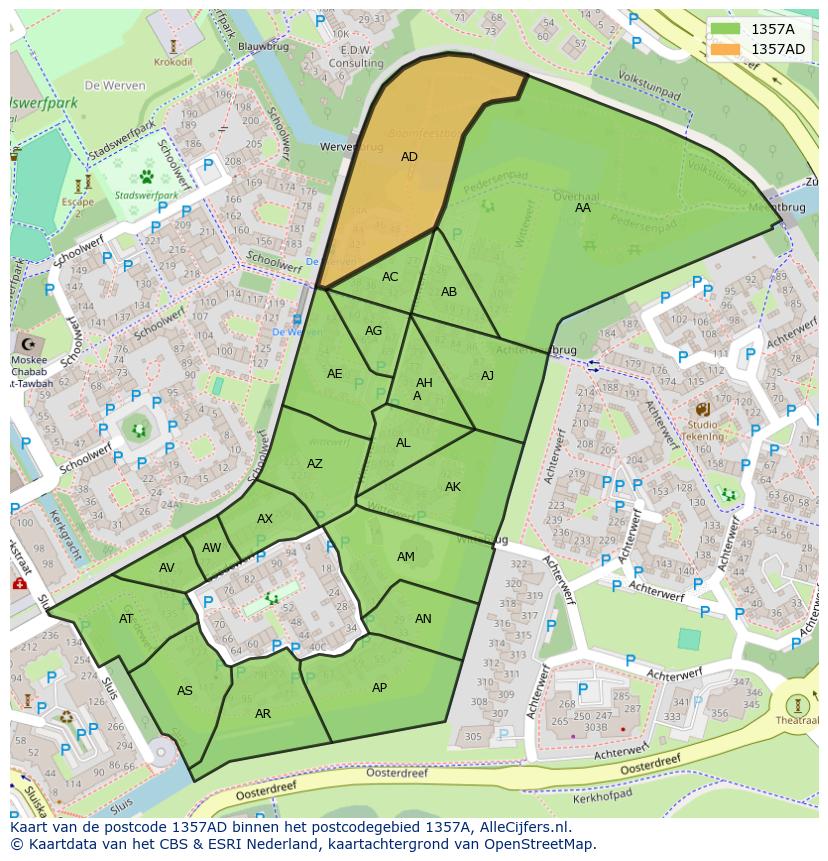 Afbeelding van het postcodegebied 1357 AD op de kaart.