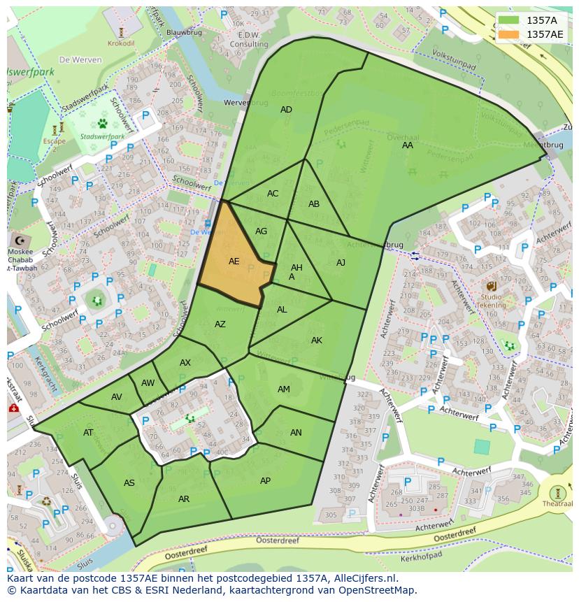 Afbeelding van het postcodegebied 1357 AE op de kaart.