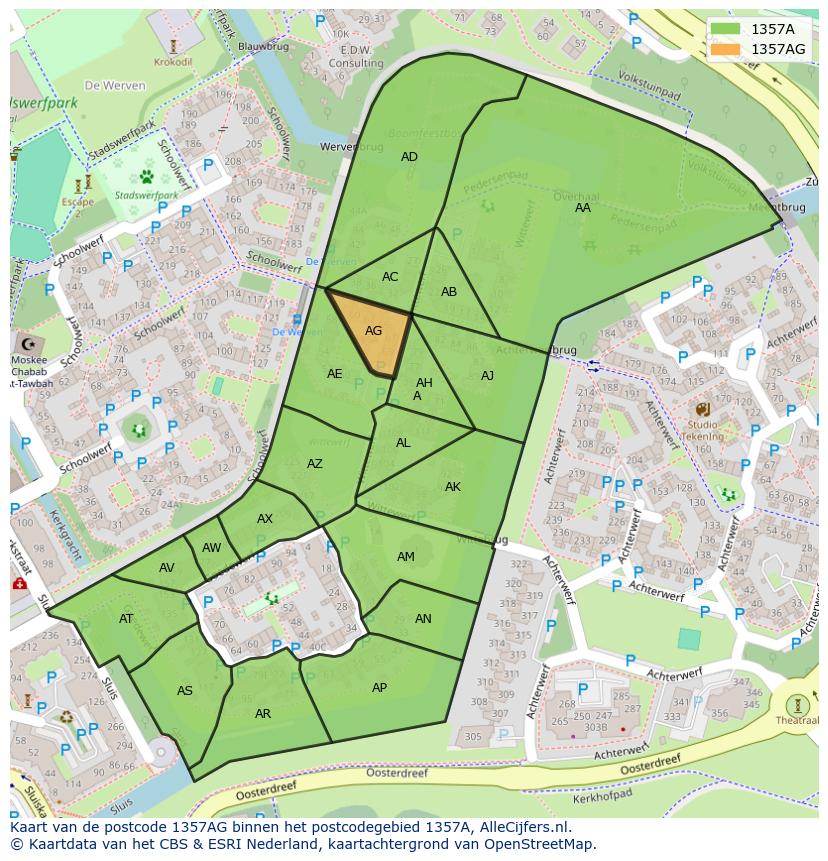 Afbeelding van het postcodegebied 1357 AG op de kaart.