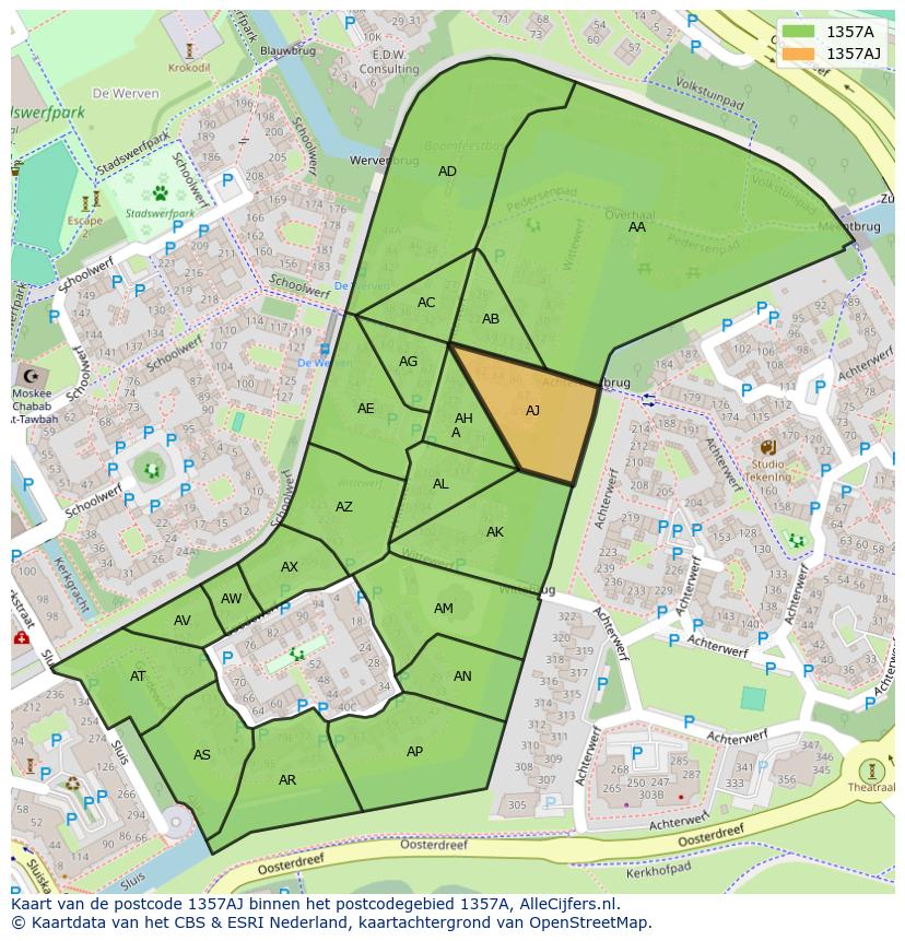 Afbeelding van het postcodegebied 1357 AJ op de kaart.
