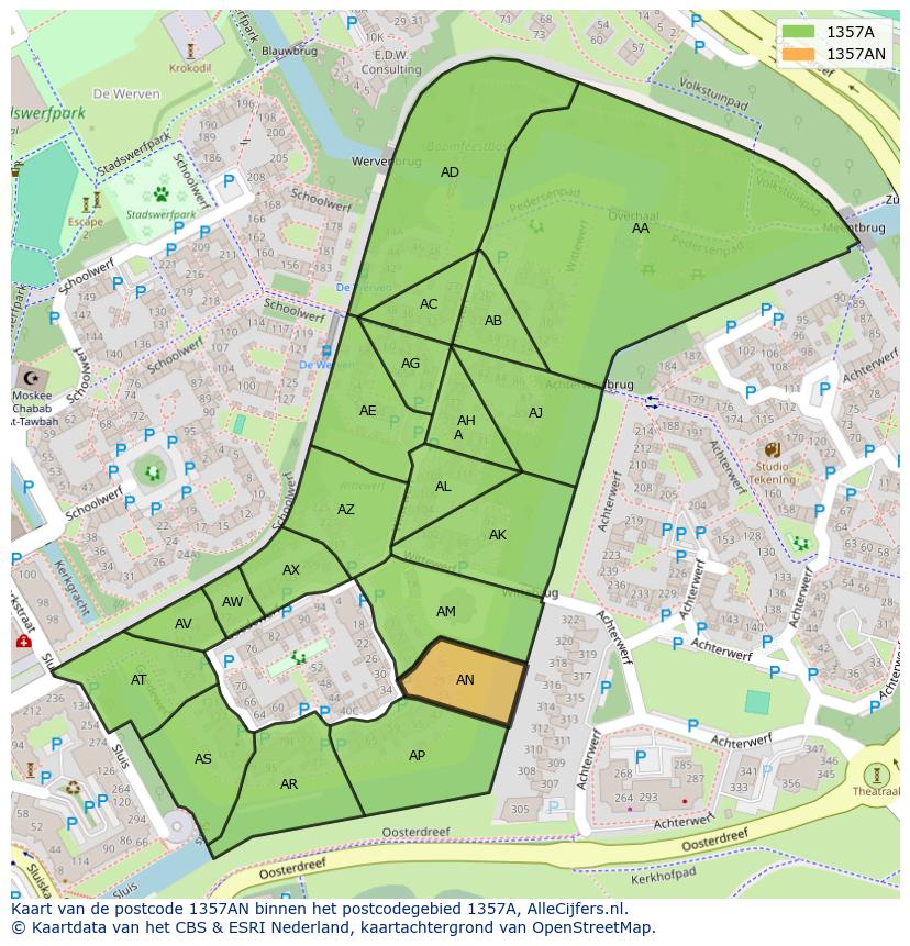 Afbeelding van het postcodegebied 1357 AN op de kaart.
