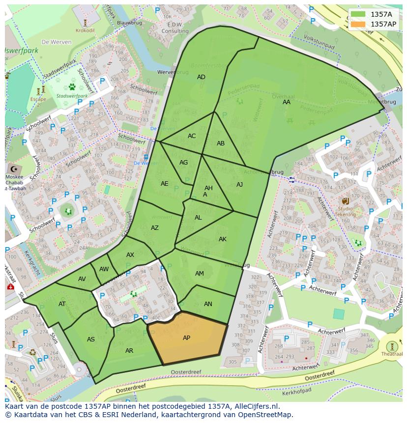 Afbeelding van het postcodegebied 1357 AP op de kaart.