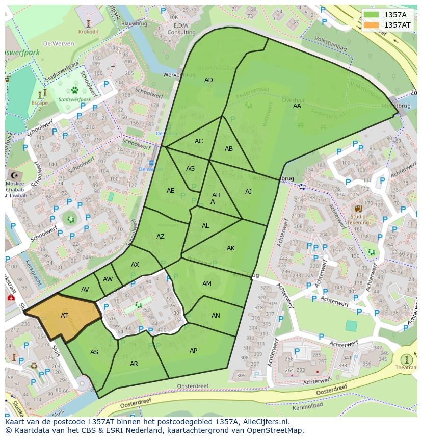 Afbeelding van het postcodegebied 1357 AT op de kaart.