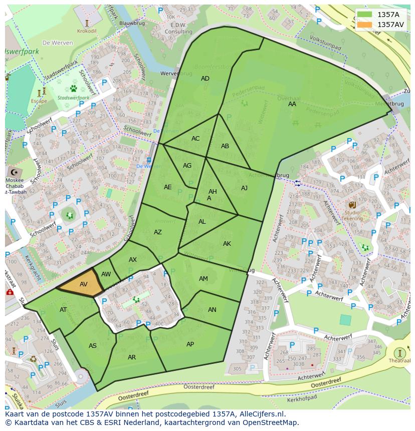 Afbeelding van het postcodegebied 1357 AV op de kaart.