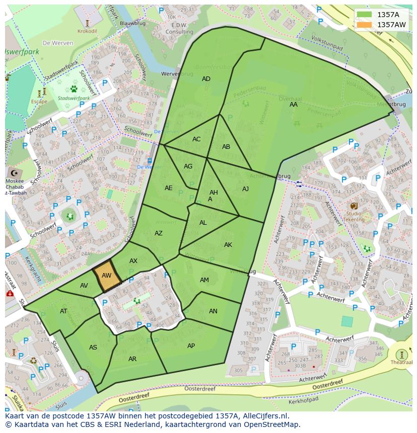 Afbeelding van het postcodegebied 1357 AW op de kaart.