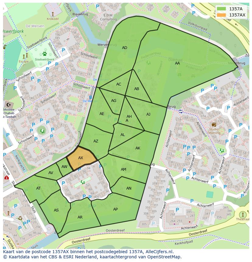 Afbeelding van het postcodegebied 1357 AX op de kaart.