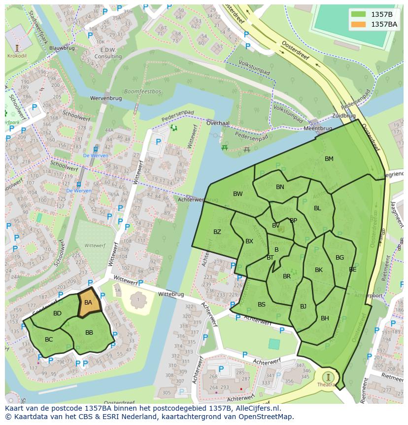 Afbeelding van het postcodegebied 1357 BA op de kaart.