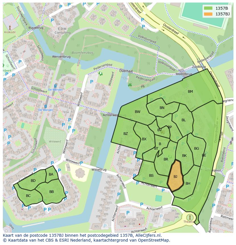 Afbeelding van het postcodegebied 1357 BJ op de kaart.