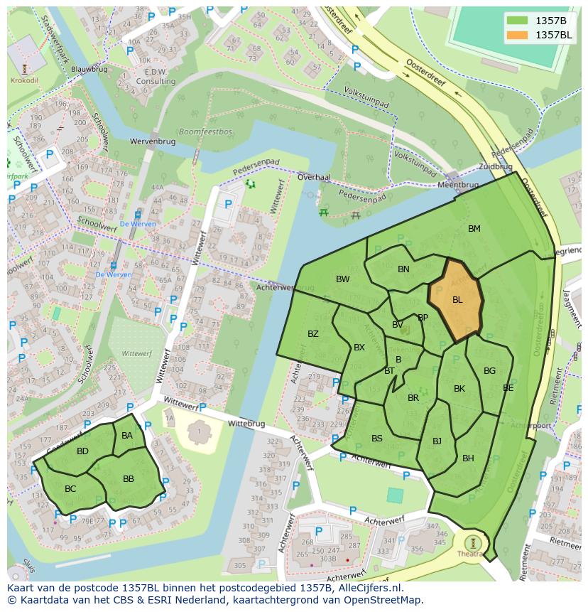 Afbeelding van het postcodegebied 1357 BL op de kaart.