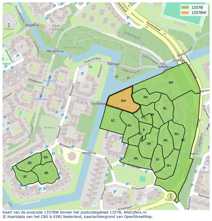 Afbeelding van het postcodegebied 1357 BW op de kaart.