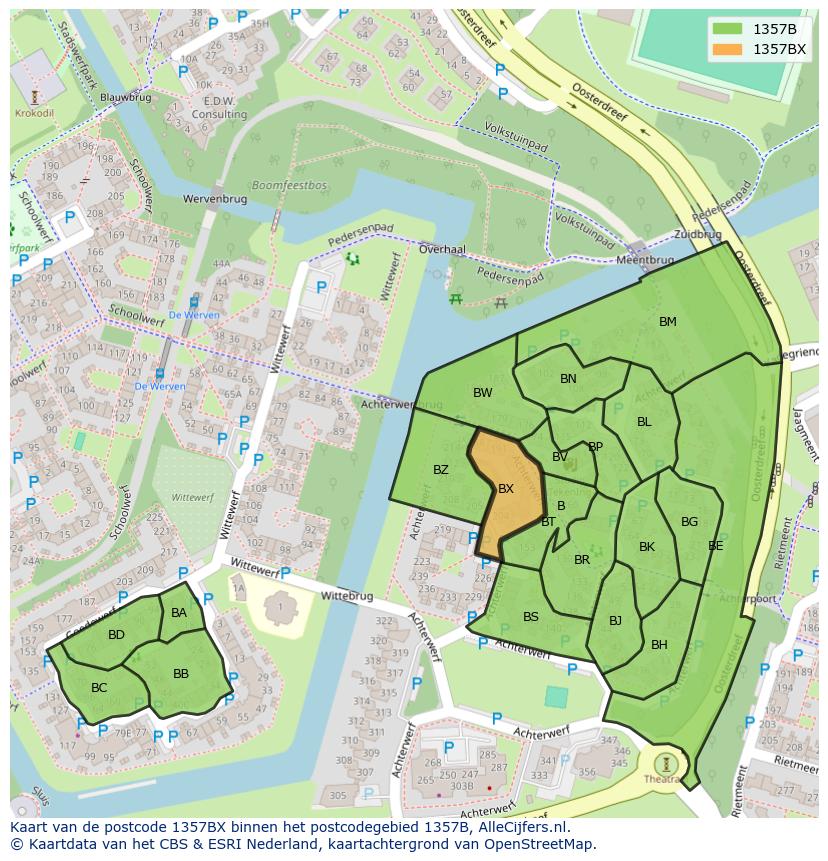 Afbeelding van het postcodegebied 1357 BX op de kaart.