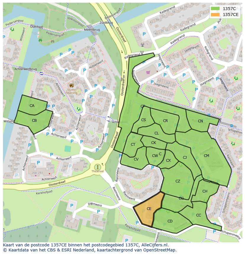 Afbeelding van het postcodegebied 1357 CE op de kaart.