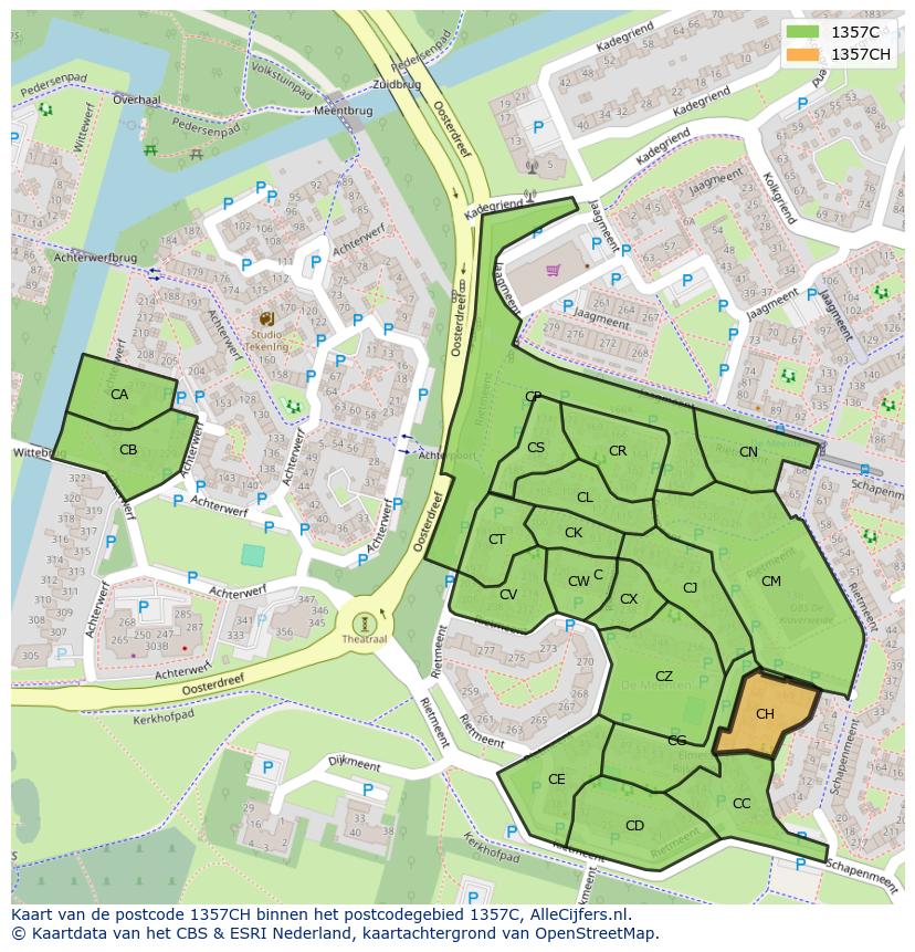 Afbeelding van het postcodegebied 1357 CH op de kaart.