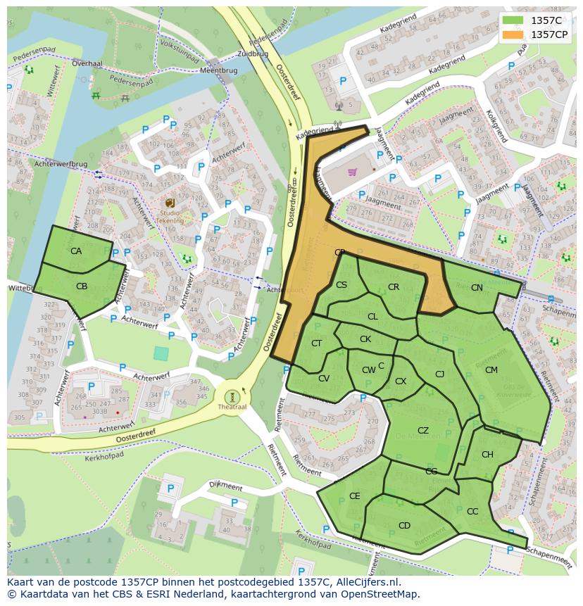 Afbeelding van het postcodegebied 1357 CP op de kaart.