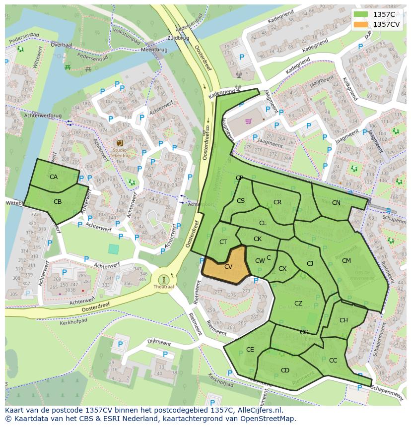 Afbeelding van het postcodegebied 1357 CV op de kaart.