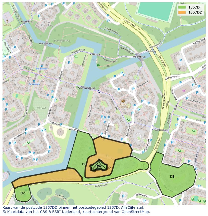Afbeelding van het postcodegebied 1357 DD op de kaart.