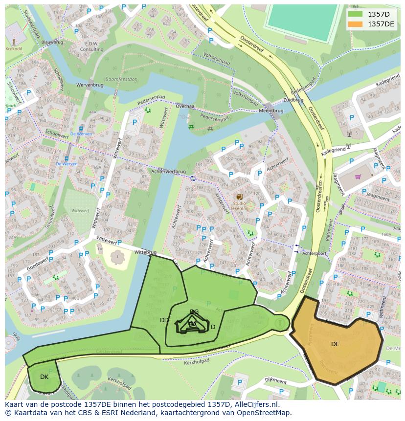Afbeelding van het postcodegebied 1357 DE op de kaart.