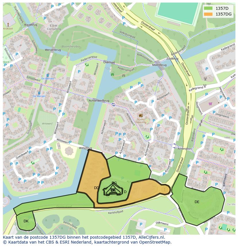 Afbeelding van het postcodegebied 1357 DG op de kaart.