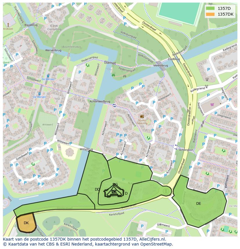 Afbeelding van het postcodegebied 1357 DK op de kaart.