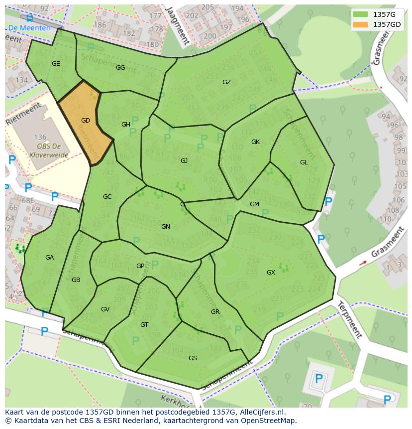 Afbeelding van het postcodegebied 1357 GD op de kaart.