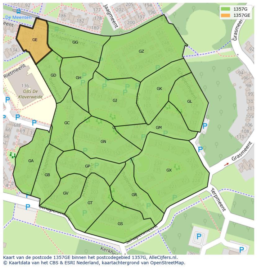 Afbeelding van het postcodegebied 1357 GE op de kaart.
