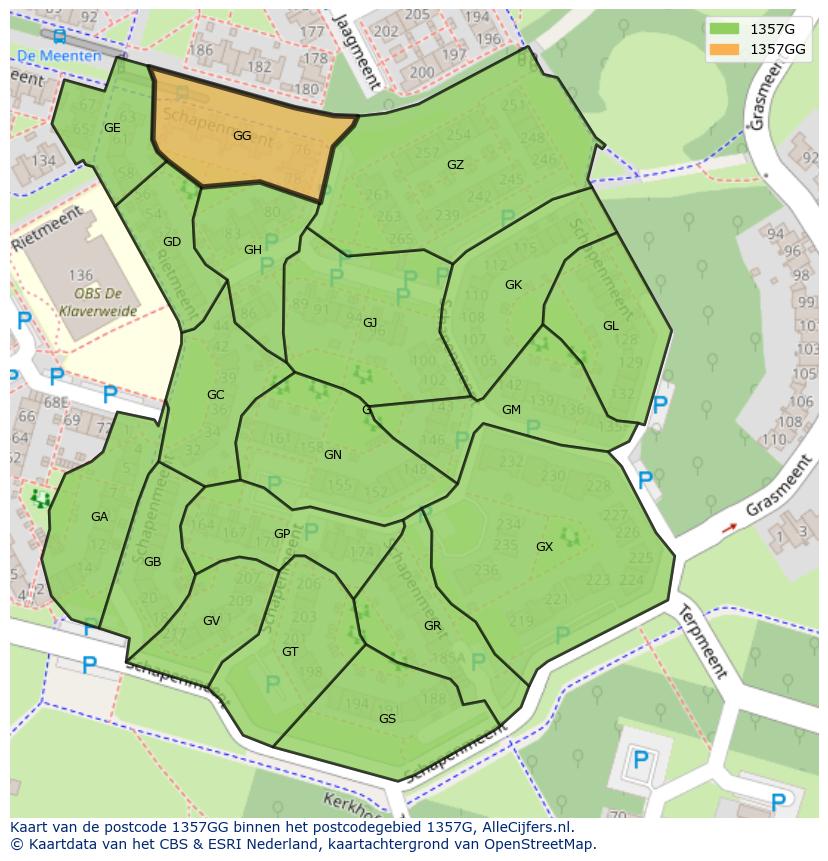 Afbeelding van het postcodegebied 1357 GG op de kaart.