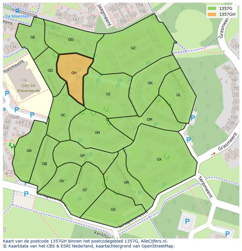 Afbeelding van het postcodegebied 1357 GH op de kaart.