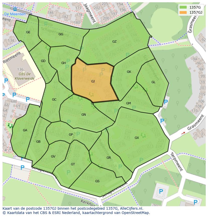 Afbeelding van het postcodegebied 1357 GJ op de kaart.