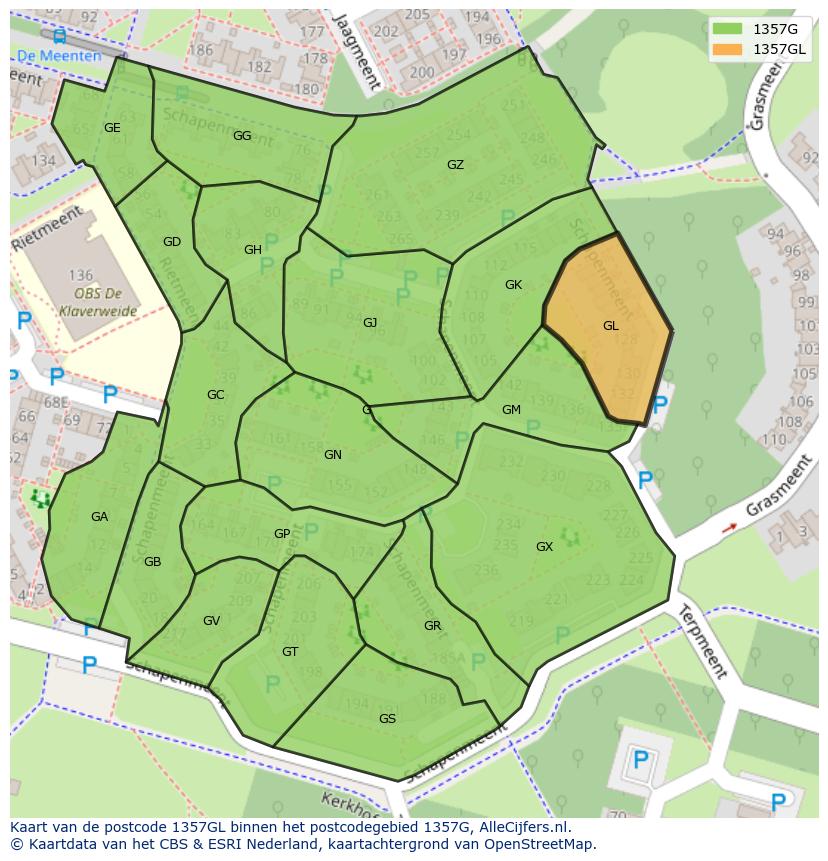 Afbeelding van het postcodegebied 1357 GL op de kaart.