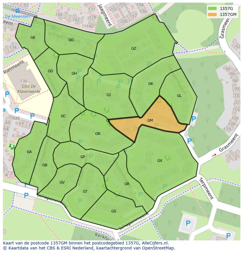 Afbeelding van het postcodegebied 1357 GM op de kaart.