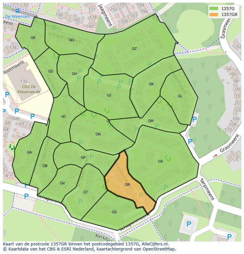 Afbeelding van het postcodegebied 1357 GR op de kaart.