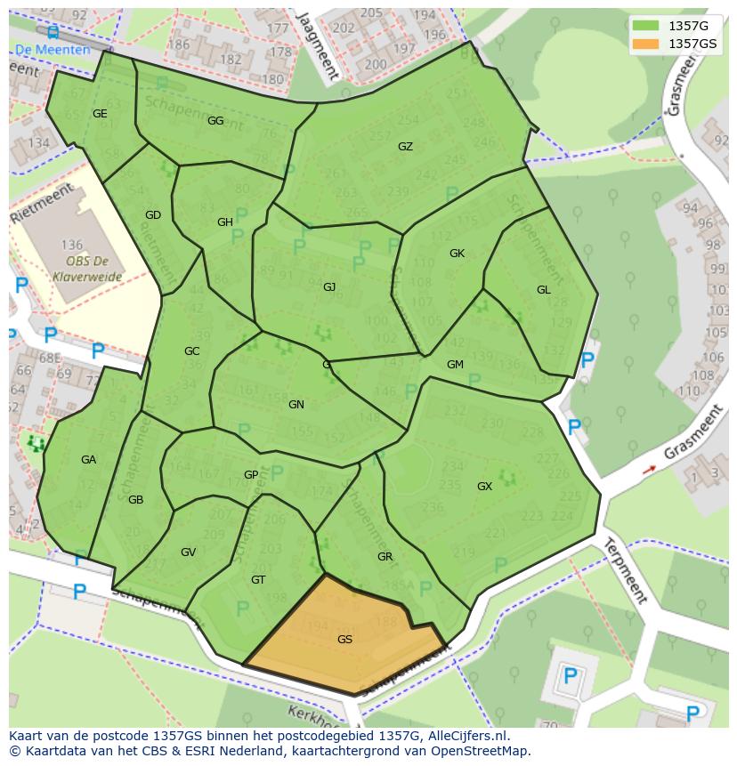 Afbeelding van het postcodegebied 1357 GS op de kaart.