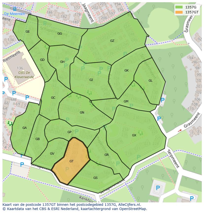Afbeelding van het postcodegebied 1357 GT op de kaart.