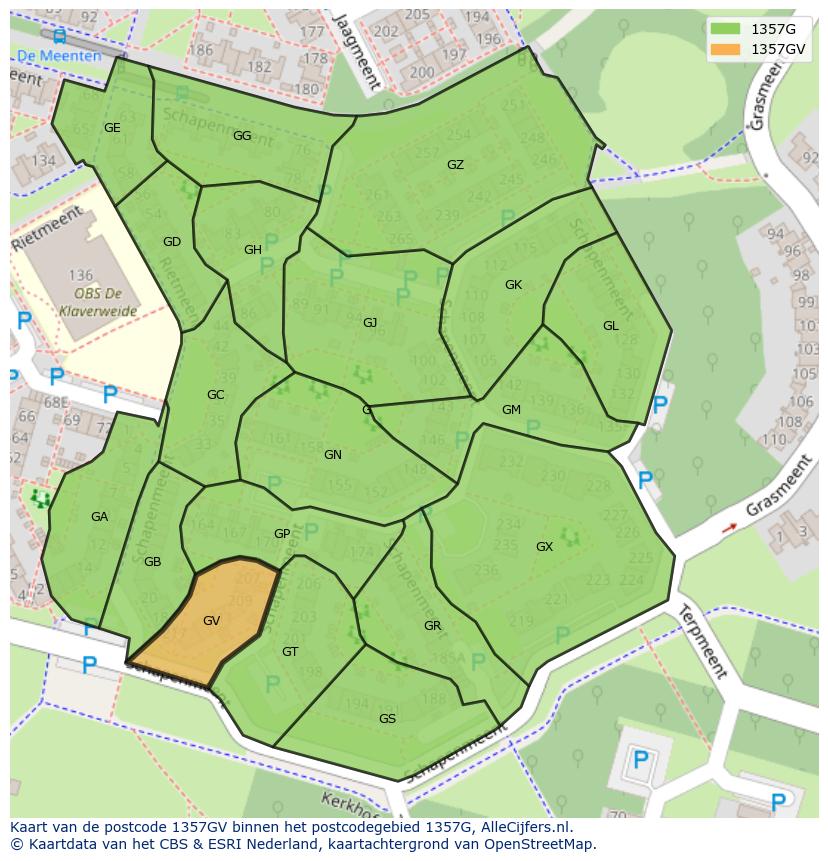 Afbeelding van het postcodegebied 1357 GV op de kaart.