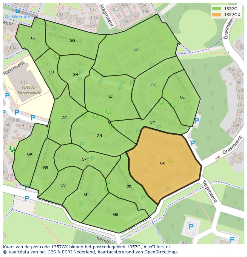 Afbeelding van het postcodegebied 1357 GX op de kaart.